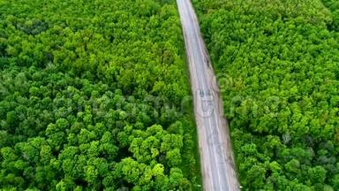 汽车在穿过绿色森林的道路上行驶，空中行驶